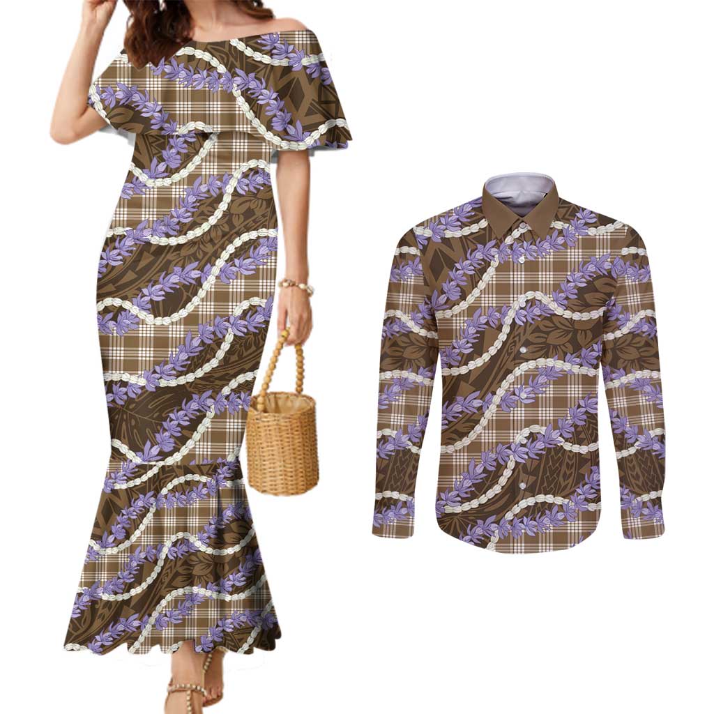 Brown Hawaii Palaka Honohono Pikake Couples Matching Mermaid Dress and Long Sleeve Button Shirt Hawaiian Orchid Lei Polynesian Pattern - Polynesian Pride