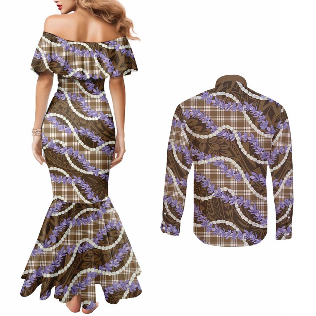 Brown Hawaii Palaka Honohono Pikake Couples Matching Mermaid Dress and Long Sleeve Button Shirt Hawaiian Orchid Lei Polynesian Pattern - Polynesian Pride