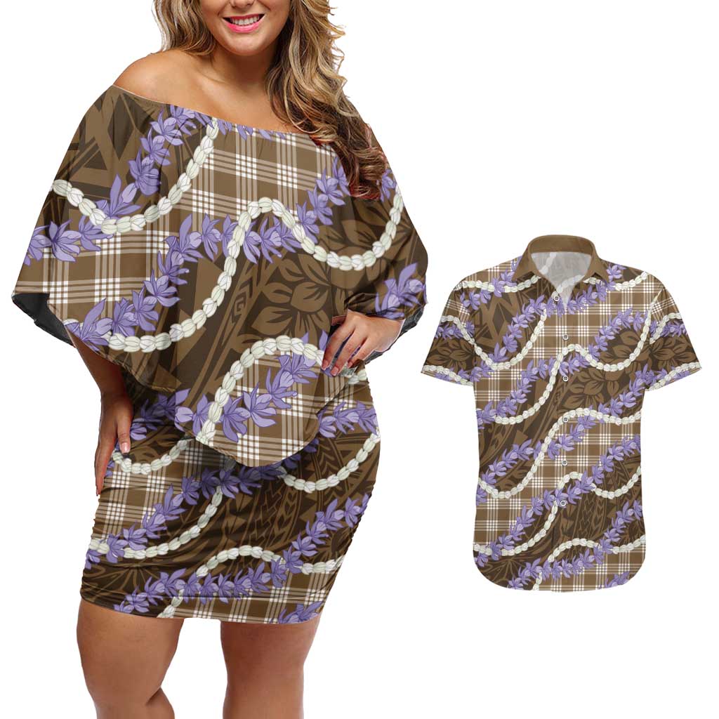 Brown Hawaii Palaka Honohono Pikake Couples Matching Off Shoulder Short Dress and Hawaiian Shirt Hawaiian Orchid Lei Polynesian Pattern - Polynesian Pride