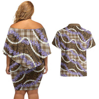 Brown Hawaii Palaka Honohono Pikake Couples Matching Off Shoulder Short Dress and Hawaiian Shirt Hawaiian Orchid Lei Polynesian Pattern LT14 - Polynesian Pride