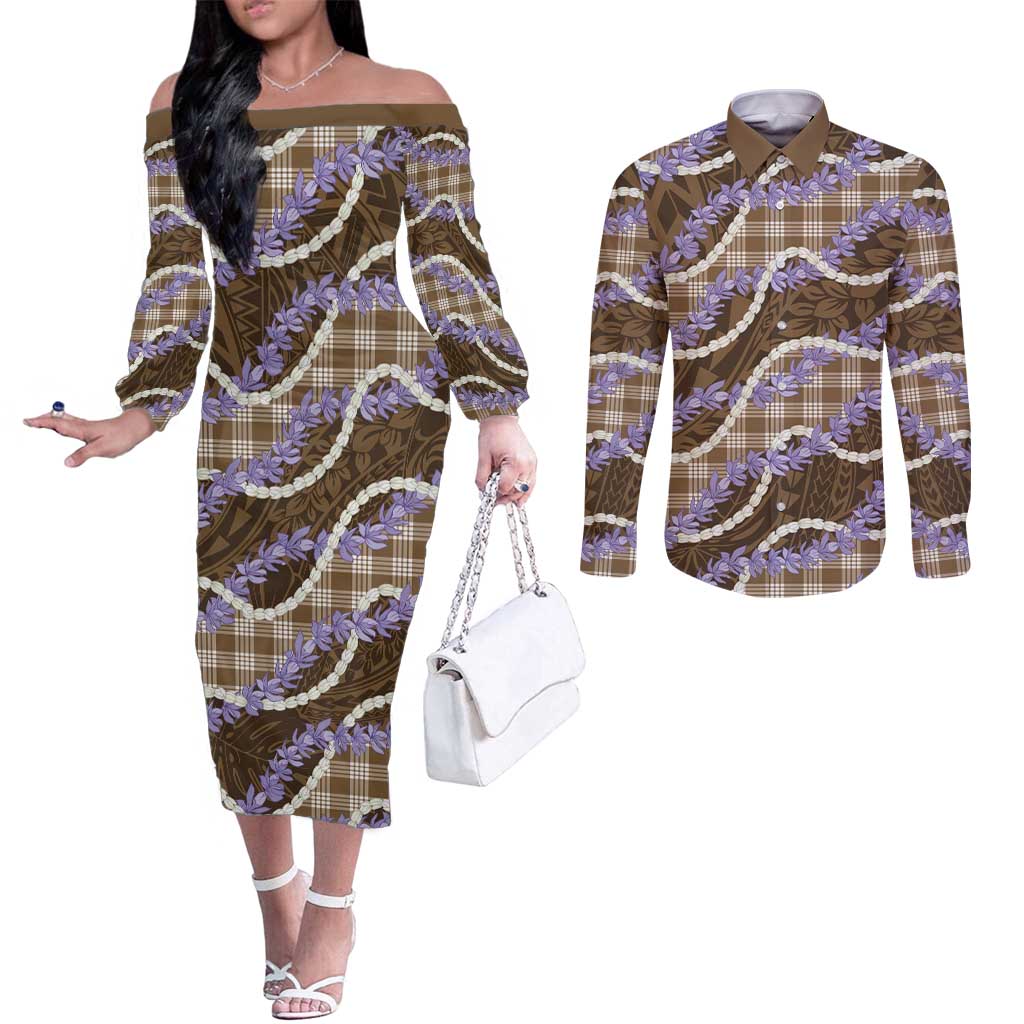 Brown Hawaii Palaka Honohono Pikake Couples Matching Off The Shoulder Long Sleeve Dress and Long Sleeve Button Shirt Hawaiian Orchid Lei Polynesian Pattern - Polynesian Pride