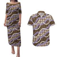 Brown Hawaii Palaka Honohono Pikake Couples Matching Puletasi and Hawaiian Shirt Hawaiian Orchid Lei Polynesian Pattern - Polynesian Pride