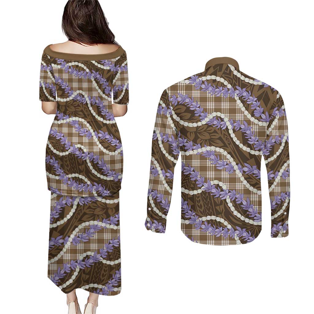 Brown Hawaii Palaka Honohono Pikake Couples Matching Puletasi and Long Sleeve Button Shirt Hawaiian Orchid Lei Polynesian Pattern - Polynesian Pride