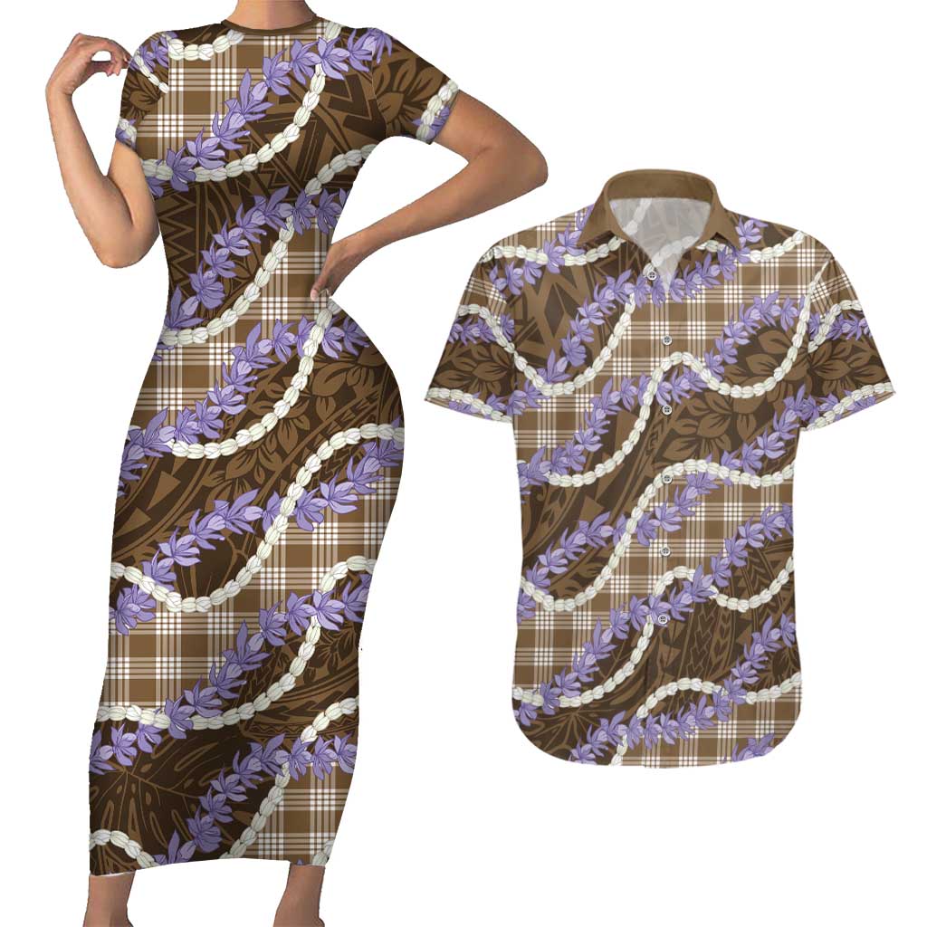 Brown Hawaii Palaka Honohono Pikake Couples Matching Short Sleeve Bodycon Dress and Hawaiian Shirt Hawaiian Orchid Lei Polynesian Pattern LT14 Brown - Polynesian Pride