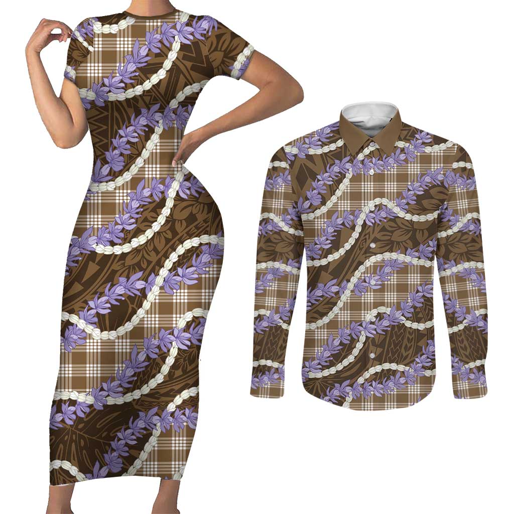 Brown Hawaii Palaka Honohono Pikake Couples Matching Short Sleeve Bodycon Dress and Long Sleeve Button Shirt Hawaiian Orchid Lei Polynesian Pattern LT14 Brown - Polynesian Pride