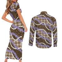 Brown Hawaii Palaka Honohono Pikake Couples Matching Short Sleeve Bodycon Dress and Long Sleeve Button Shirt Hawaiian Orchid Lei Polynesian Pattern LT14 - Polynesian Pride