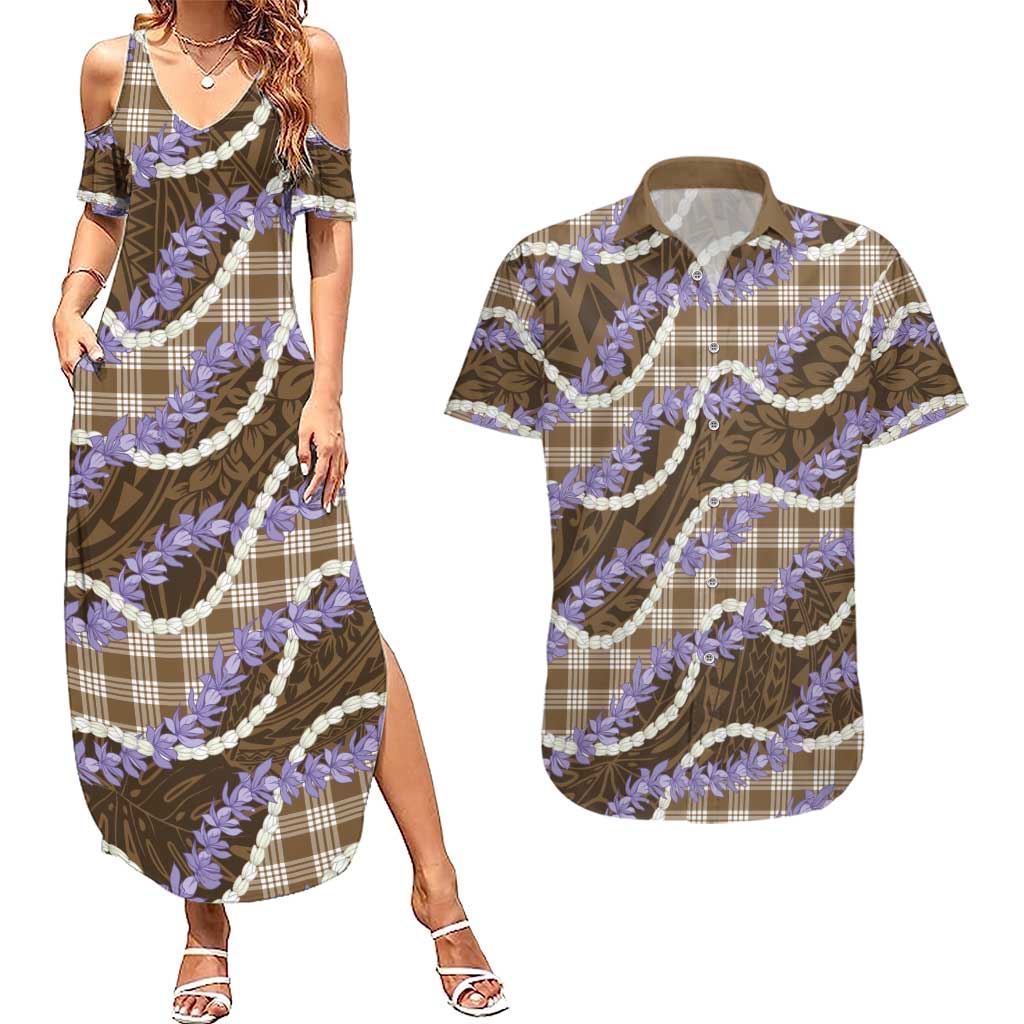 Brown Hawaii Palaka Honohono Pikake Couples Matching Summer Maxi Dress and Hawaiian Shirt Hawaiian Orchid Lei Polynesian Pattern - Polynesian Pride