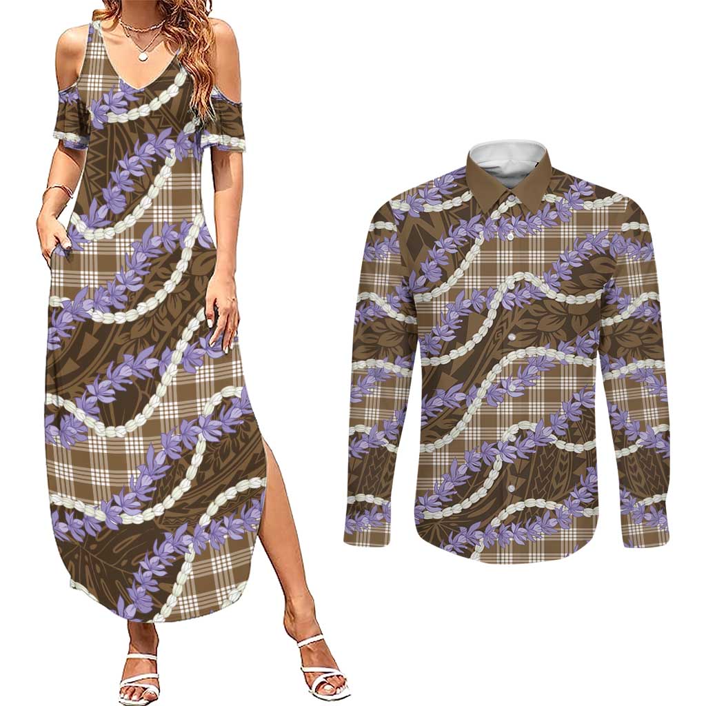 Brown Hawaii Palaka Honohono Pikake Couples Matching Summer Maxi Dress and Long Sleeve Button Shirt Hawaiian Orchid Lei Polynesian Pattern - Polynesian Pride