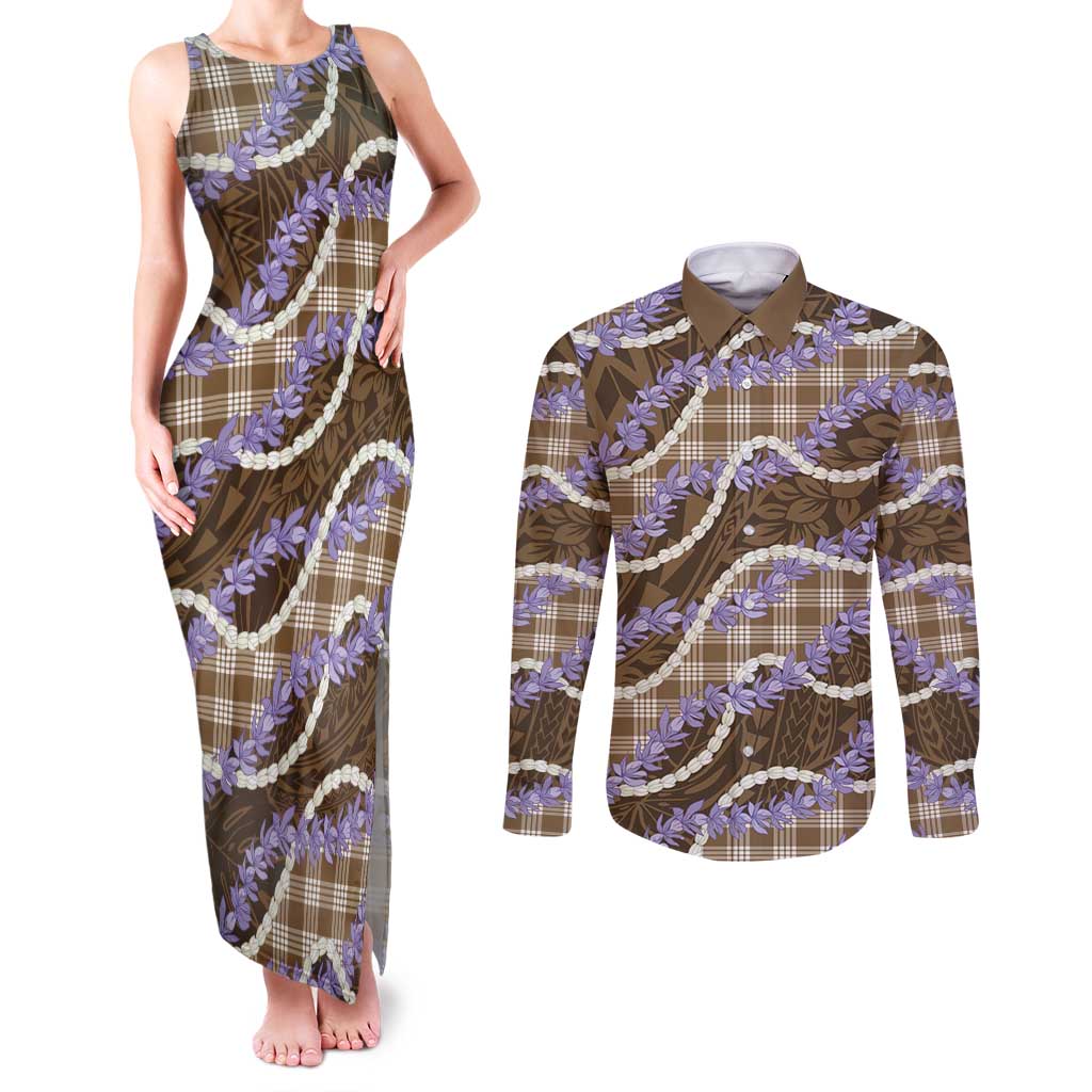 Brown Hawaii Palaka Honohono Pikake Couples Matching Tank Maxi Dress and Long Sleeve Button Shirt Hawaiian Orchid Lei Polynesian Pattern - Polynesian Pride