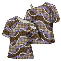 Brown Hawaii Palaka Honohono Pikake Cross Shoulder Shirt Hawaiian Orchid Lei Polynesian Pattern - Polynesian Pride