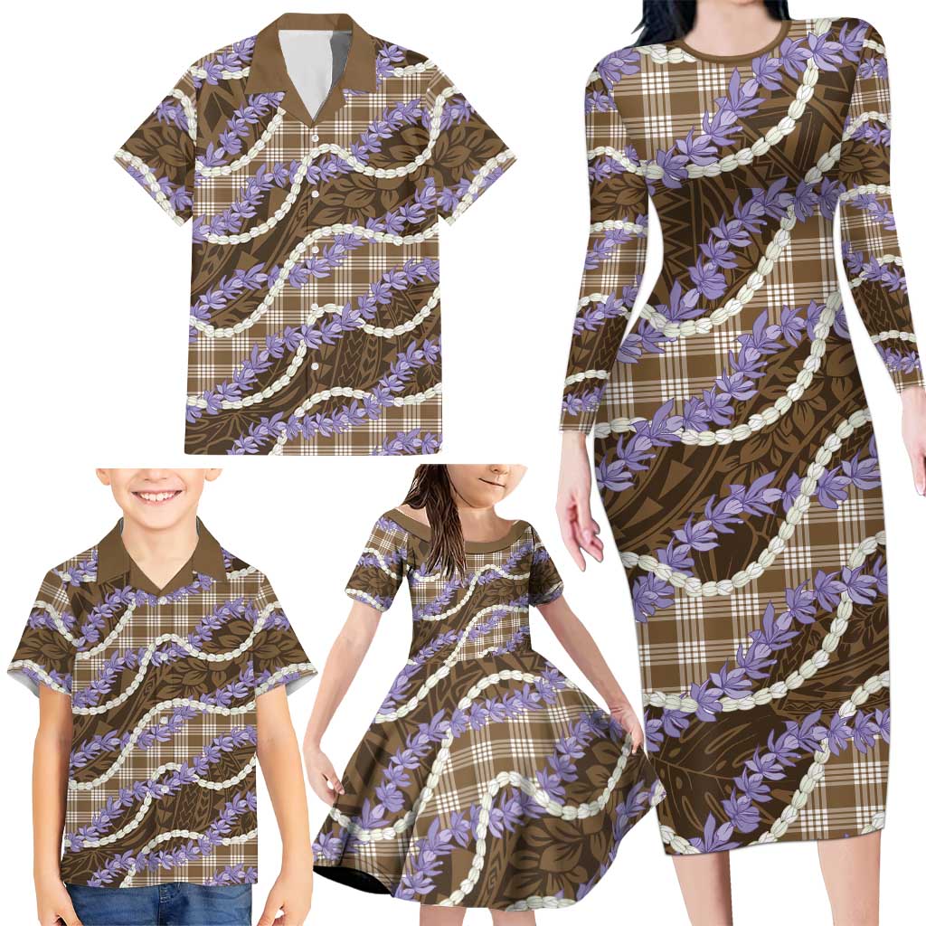 Brown Hawaii Palaka Honohono Pikake Family Matching Long Sleeve Bodycon Dress and Hawaiian Shirt Hawaiian Orchid Lei Polynesian Pattern - Polynesian Pride