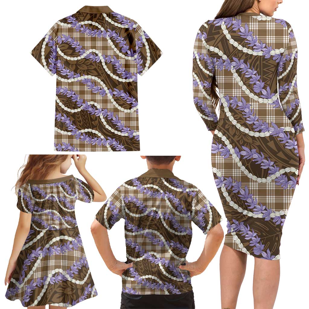 Brown Hawaii Palaka Honohono Pikake Family Matching Long Sleeve Bodycon Dress and Hawaiian Shirt Hawaiian Orchid Lei Polynesian Pattern LT14 - Polynesian Pride