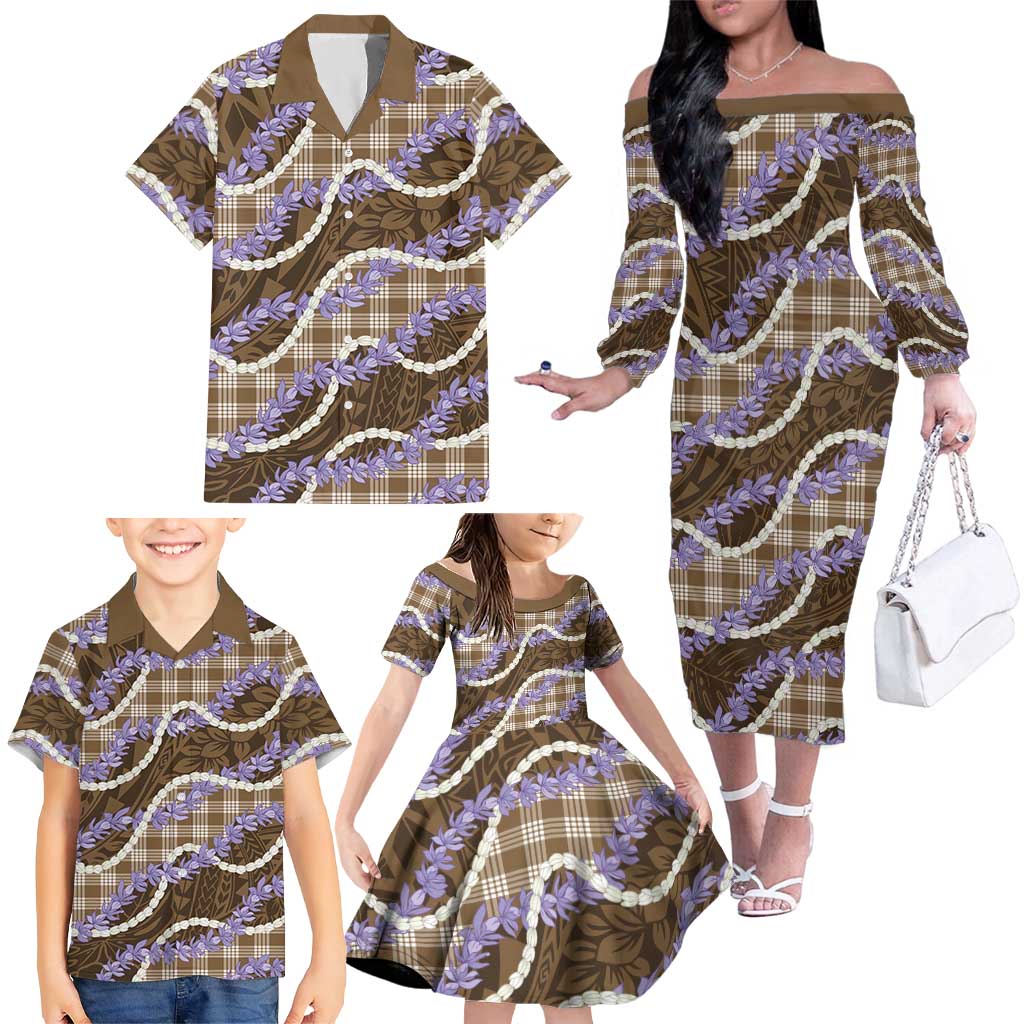 Brown Hawaii Palaka Honohono Pikake Family Matching Off The Shoulder Long Sleeve Dress and Hawaiian Shirt Hawaiian Orchid Lei Polynesian Pattern - Polynesian Pride