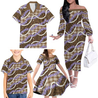 Brown Hawaii Palaka Honohono Pikake Family Matching Off The Shoulder Long Sleeve Dress and Hawaiian Shirt Hawaiian Orchid Lei Polynesian Pattern LT14 - Polynesian Pride