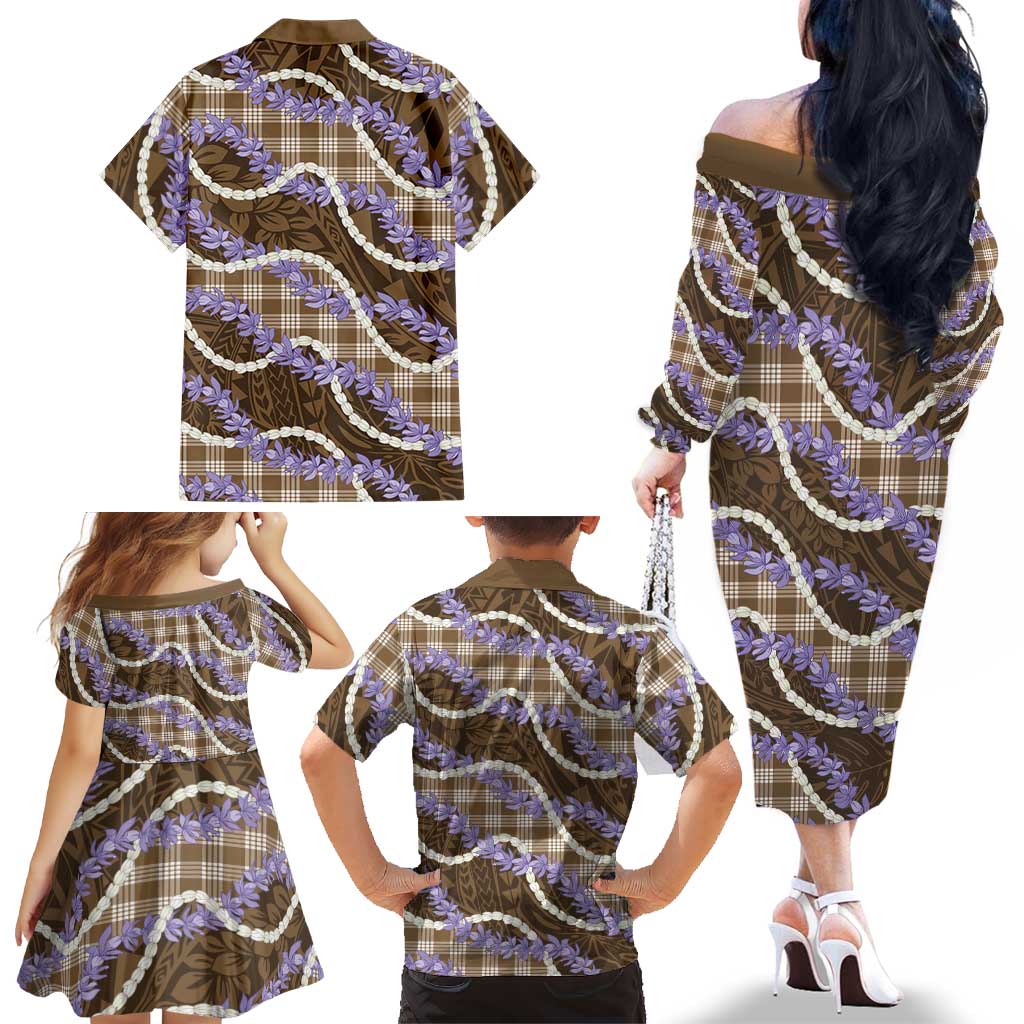 Brown Hawaii Palaka Honohono Pikake Family Matching Off The Shoulder Long Sleeve Dress and Hawaiian Shirt Hawaiian Orchid Lei Polynesian Pattern LT14 - Polynesian Pride