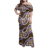 Brown Hawaii Palaka Honohono Pikake Family Matching Off Shoulder Maxi Dress and Hawaiian Shirt Hawaiian Orchid Lei Polynesian Pattern LT14 Brown - Polynesian Pride