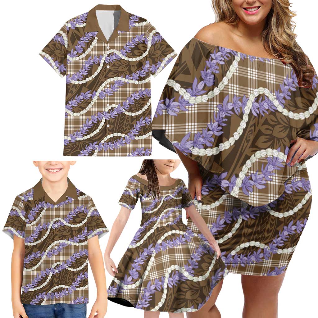 Brown Hawaii Palaka Honohono Pikake Family Matching Off Shoulder Short Dress and Hawaiian Shirt Hawaiian Orchid Lei Polynesian Pattern LT14 - Polynesian Pride
