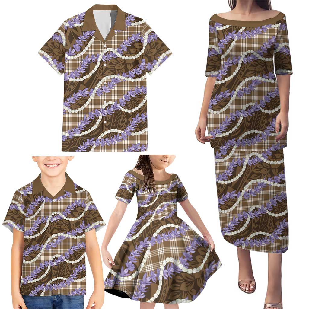 Brown Hawaii Palaka Honohono Pikake Family Matching Puletasi and Hawaiian Shirt Hawaiian Orchid Lei Polynesian Pattern - Polynesian Pride