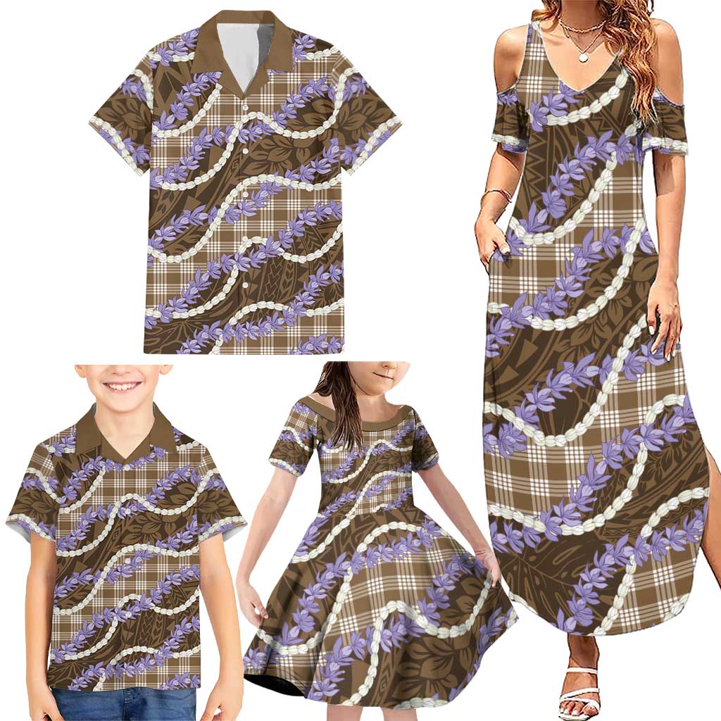 Brown Hawaii Palaka Honohono Pikake Family Matching Summer Maxi Dress and Hawaiian Shirt Hawaiian Orchid Lei Polynesian Pattern - Polynesian Pride