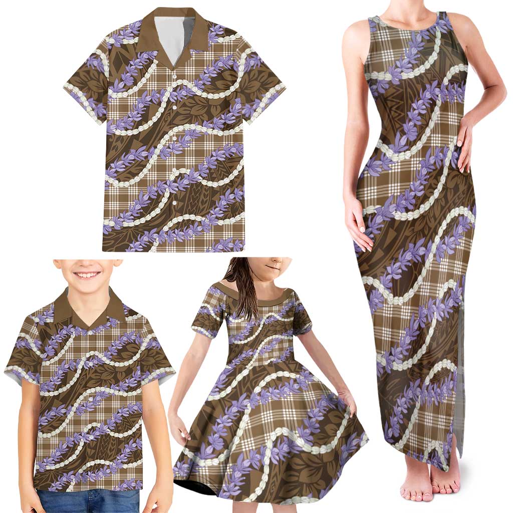 Brown Hawaii Palaka Honohono Pikake Family Matching Tank Maxi Dress and Hawaiian Shirt Hawaiian Orchid Lei Polynesian Pattern - Polynesian Pride