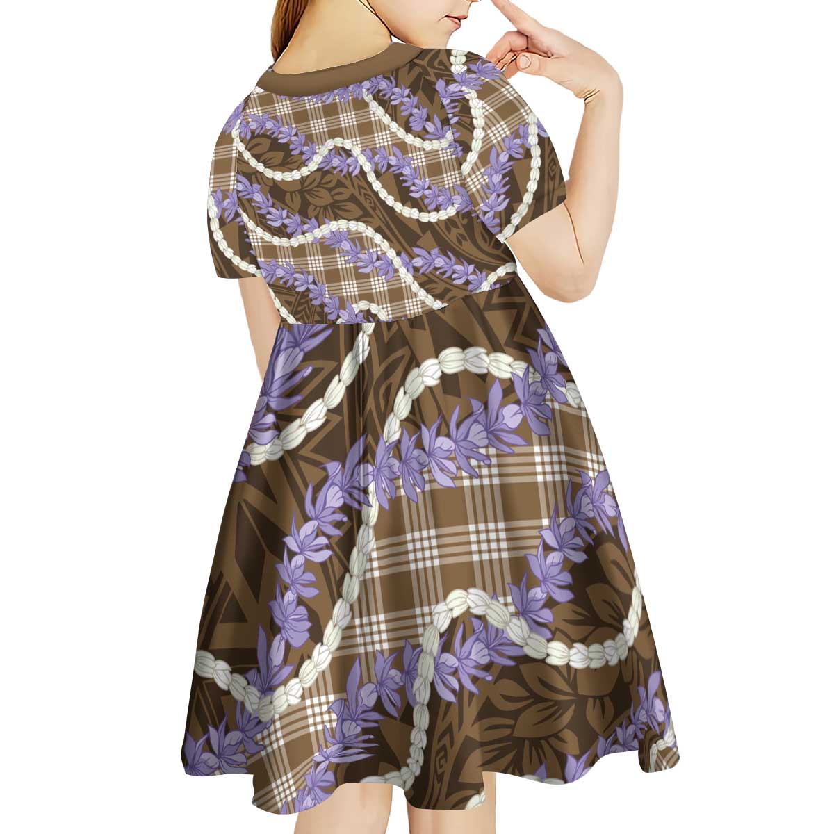 Brown Hawaii Palaka Honohono Pikake Kid Short Sleeve Dress Hawaiian Orchid Lei Polynesian Pattern - Polynesian Pride