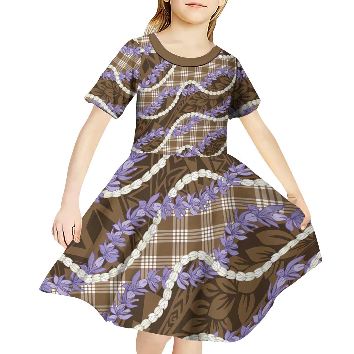 Brown Hawaii Palaka Honohono Pikake Kid Short Sleeve Dress Hawaiian Orchid Lei Polynesian Pattern - Polynesian Pride