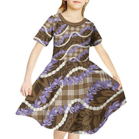 Brown Hawaii Palaka Honohono Pikake Kid Short Sleeve Dress Hawaiian Orchid Lei Polynesian Pattern - Polynesian Pride