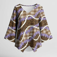 Brown Hawaii Palaka Honohono Pikake Kimono Sleeve Blouse Hawaiian Orchid Lei Polynesian Pattern - Polynesian Pride