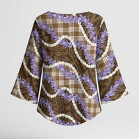 Brown Hawaii Palaka Honohono Pikake Kimono Sleeve Blouse Hawaiian Orchid Lei Polynesian Pattern - Polynesian Pride