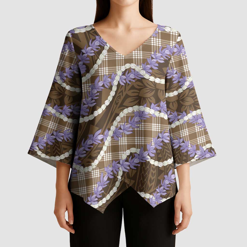 Brown Hawaii Palaka Honohono Pikake Kimono Sleeve Blouse Hawaiian Orchid Lei Polynesian Pattern - Polynesian Pride