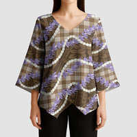 Brown Hawaii Palaka Honohono Pikake Kimono Sleeve Blouse Hawaiian Orchid Lei Polynesian Pattern - Polynesian Pride
