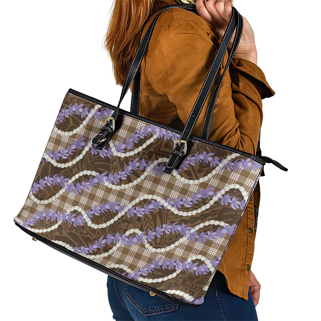 Brown Hawaii Palaka Honohono Pikake Leather Tote Bag Hawaiian Orchid Lei Polynesian Pattern - Polynesian Pride
