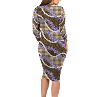 Brown Hawaii Palaka Honohono Pikake Long Sleeve Bodycon Dress Hawaiian Orchid Lei Polynesian Pattern - Polynesian Pride