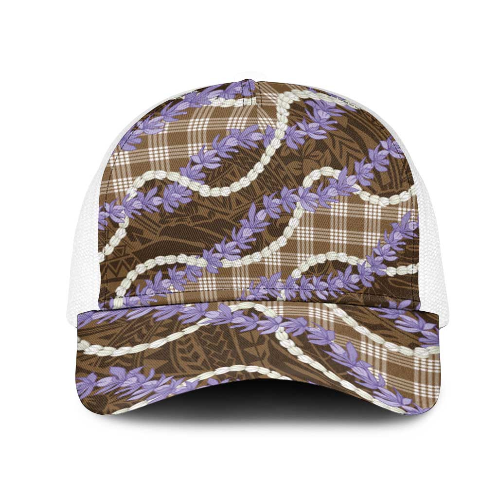 Brown Hawaii Palaka Honohono Pikake Mesh Trucker Cap Hawaiian Orchid Lei Polynesian Pattern - Polynesian Pride