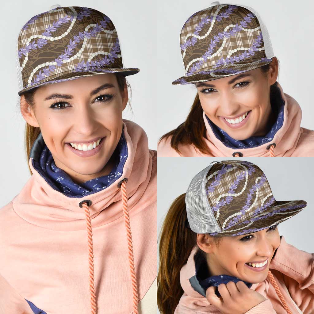 Brown Hawaii Palaka Honohono Pikake Mesh Trucker Cap Hawaiian Orchid Lei Polynesian Pattern - Polynesian Pride