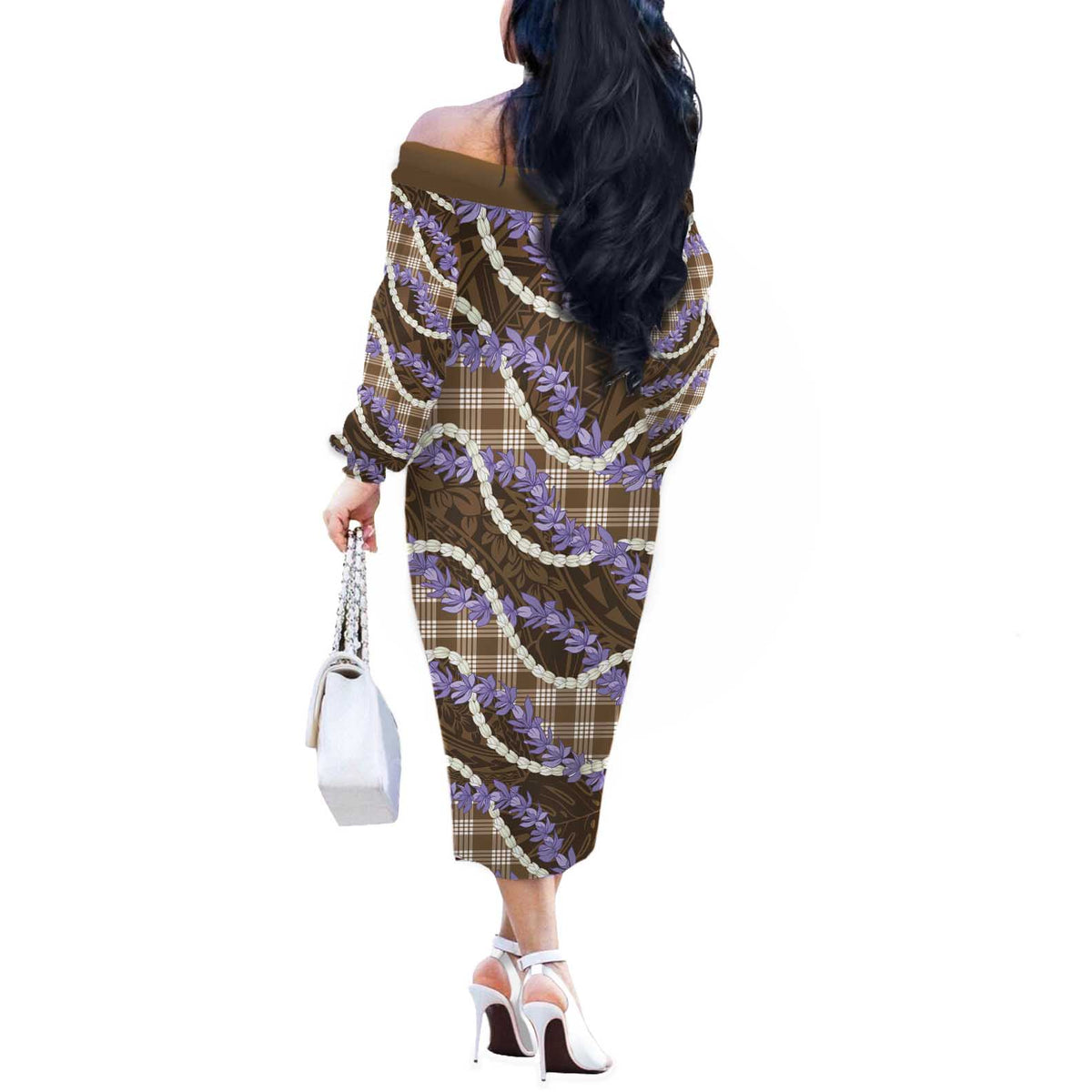 Brown Hawaii Palaka Honohono Pikake Off The Shoulder Long Sleeve Dress Hawaiian Orchid Lei Polynesian Pattern - Polynesian Pride