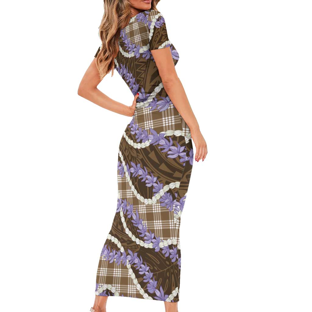 Brown Hawaii Palaka Honohono Pikake Short Sleeve Bodycon Dress Hawaiian Orchid Lei Polynesian Pattern - Polynesian Pride