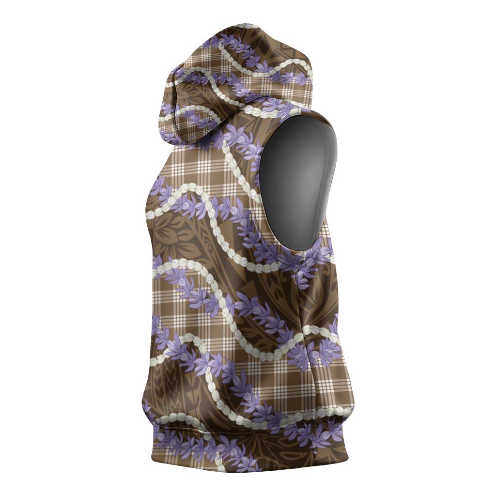 Brown Hawaii Palaka Honohono Pikake Sleeveless Hoodie Hawaiian Orchid Lei Polynesian Pattern - Polynesian Pride