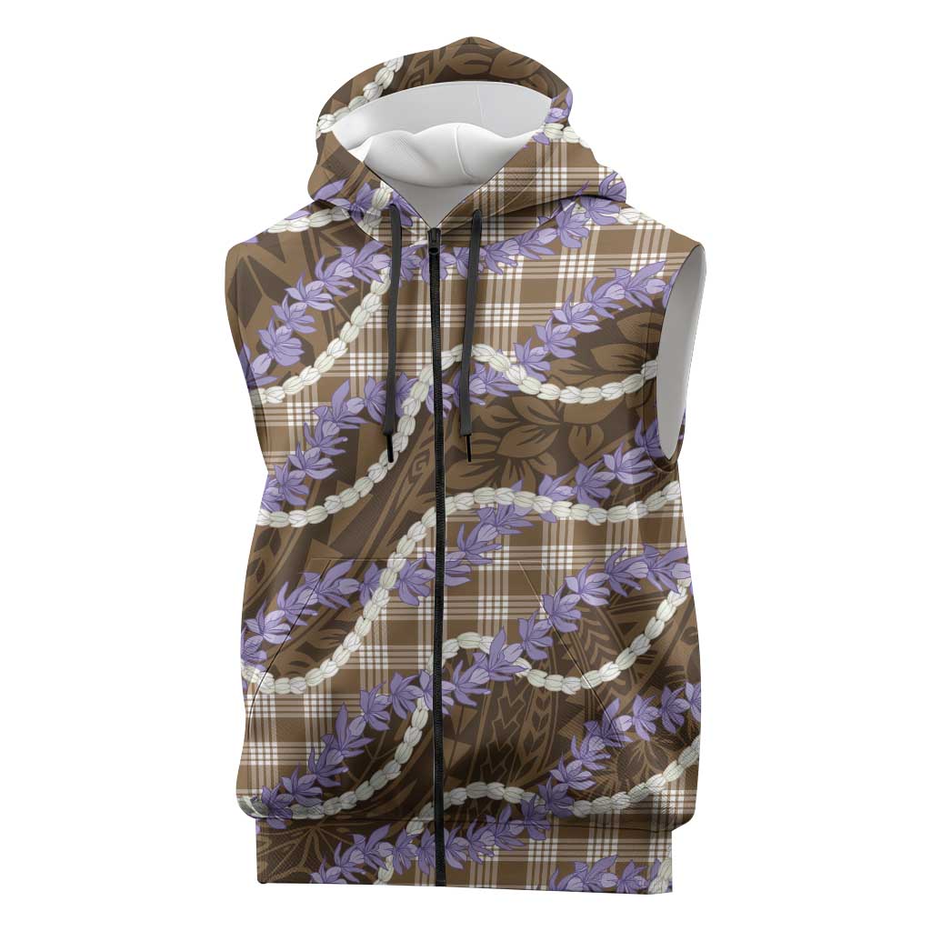 Brown Hawaii Palaka Honohono Pikake Sleeveless Zip Hoodie Hawaiian Orchid Lei Polynesian Pattern - Polynesian Pride