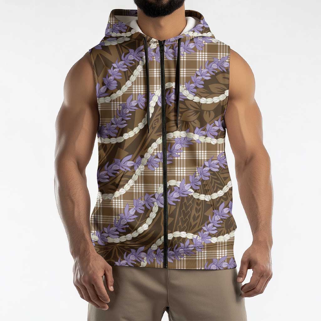 Brown Hawaii Palaka Honohono Pikake Sleeveless Zip Hoodie Hawaiian Orchid Lei Polynesian Pattern - Polynesian Pride