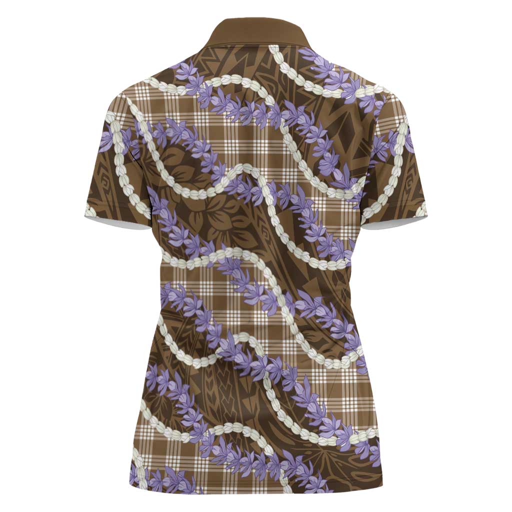 Brown Hawaii Palaka Honohono Pikake Women Polo Shirt Hawaiian Orchid Lei Polynesian Pattern - Polynesian Pride