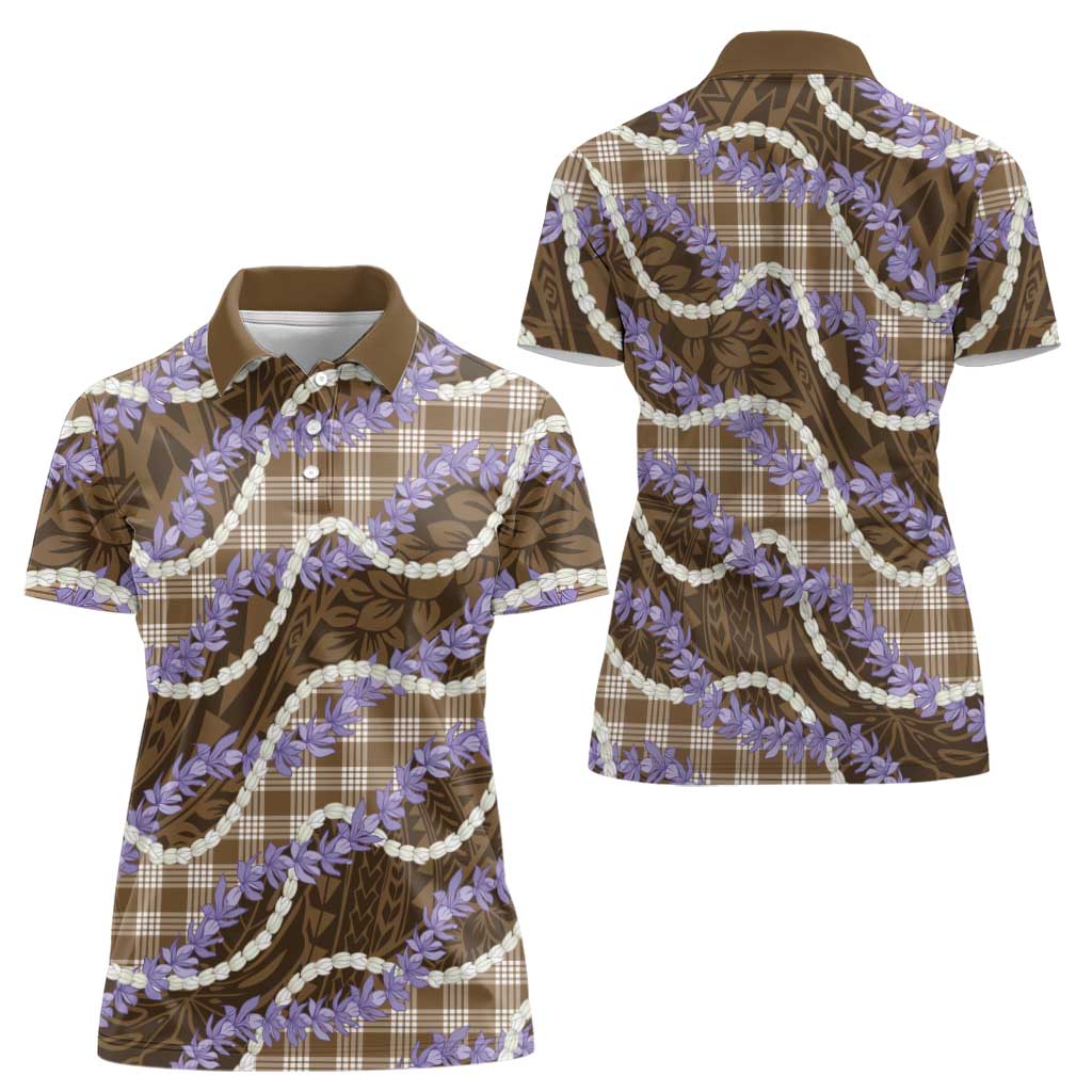 Brown Hawaii Palaka Honohono Pikake Women Polo Shirt Hawaiian Orchid Lei Polynesian Pattern - Polynesian Pride