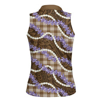 Brown Hawaii Palaka Honohono Pikake Women Sleeveless Polo Shirt Hawaiian Orchid Lei Polynesian Pattern - Polynesian Pride