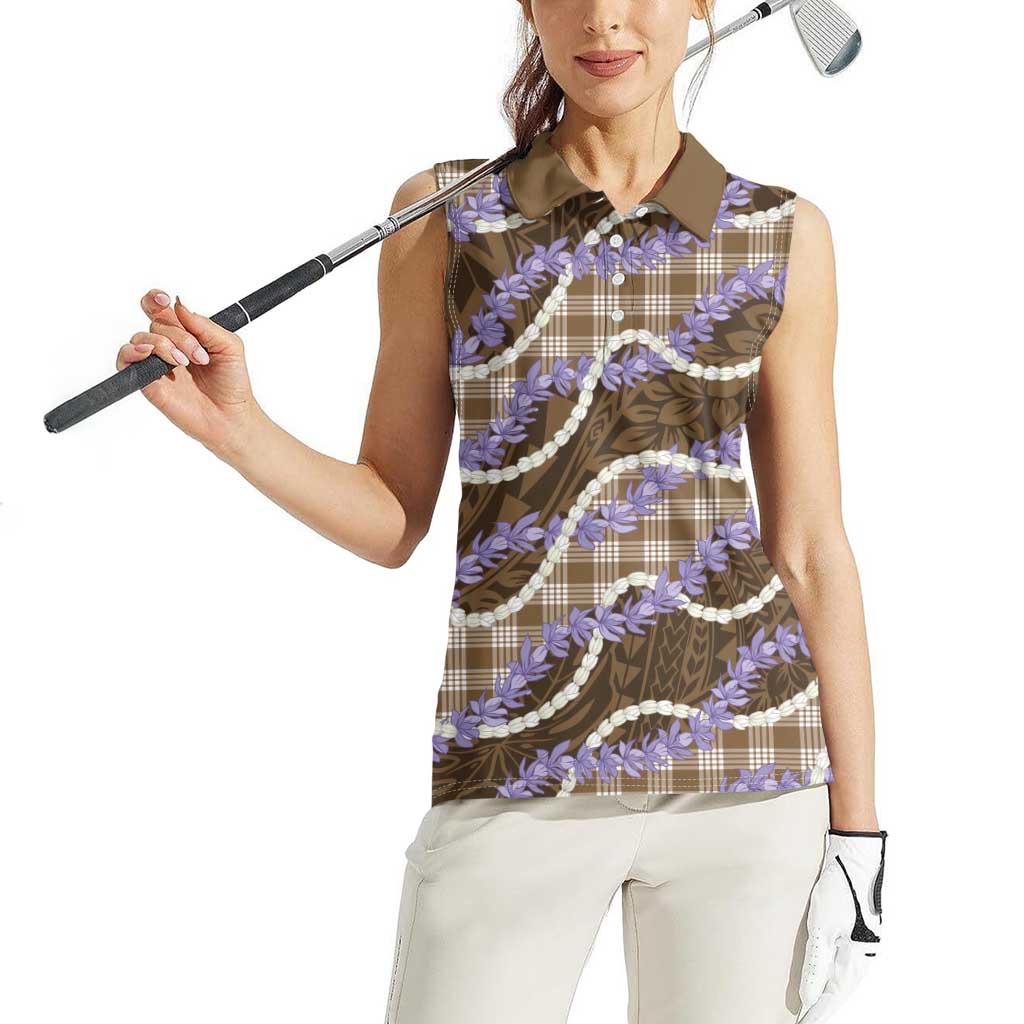 Brown Hawaii Palaka Honohono Pikake Women Sleeveless Polo Shirt Hawaiian Orchid Lei Polynesian Pattern - Polynesian Pride