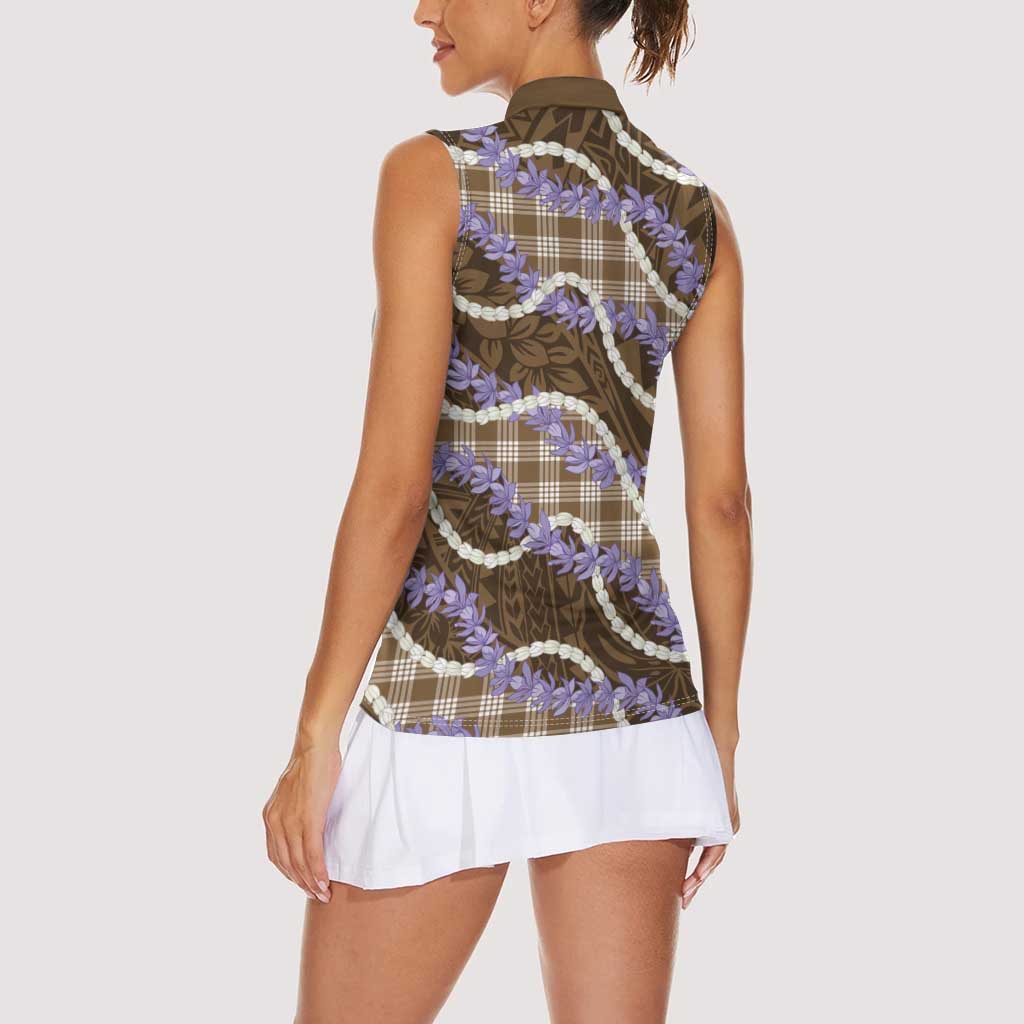 Brown Hawaii Palaka Honohono Pikake Women Sleeveless Polo Shirt Hawaiian Orchid Lei Polynesian Pattern - Polynesian Pride