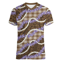 Brown Hawaii Palaka Honohono Pikake Women V-Neck T-Shirt Hawaiian Orchid Lei Polynesian Pattern - Polynesian Pride