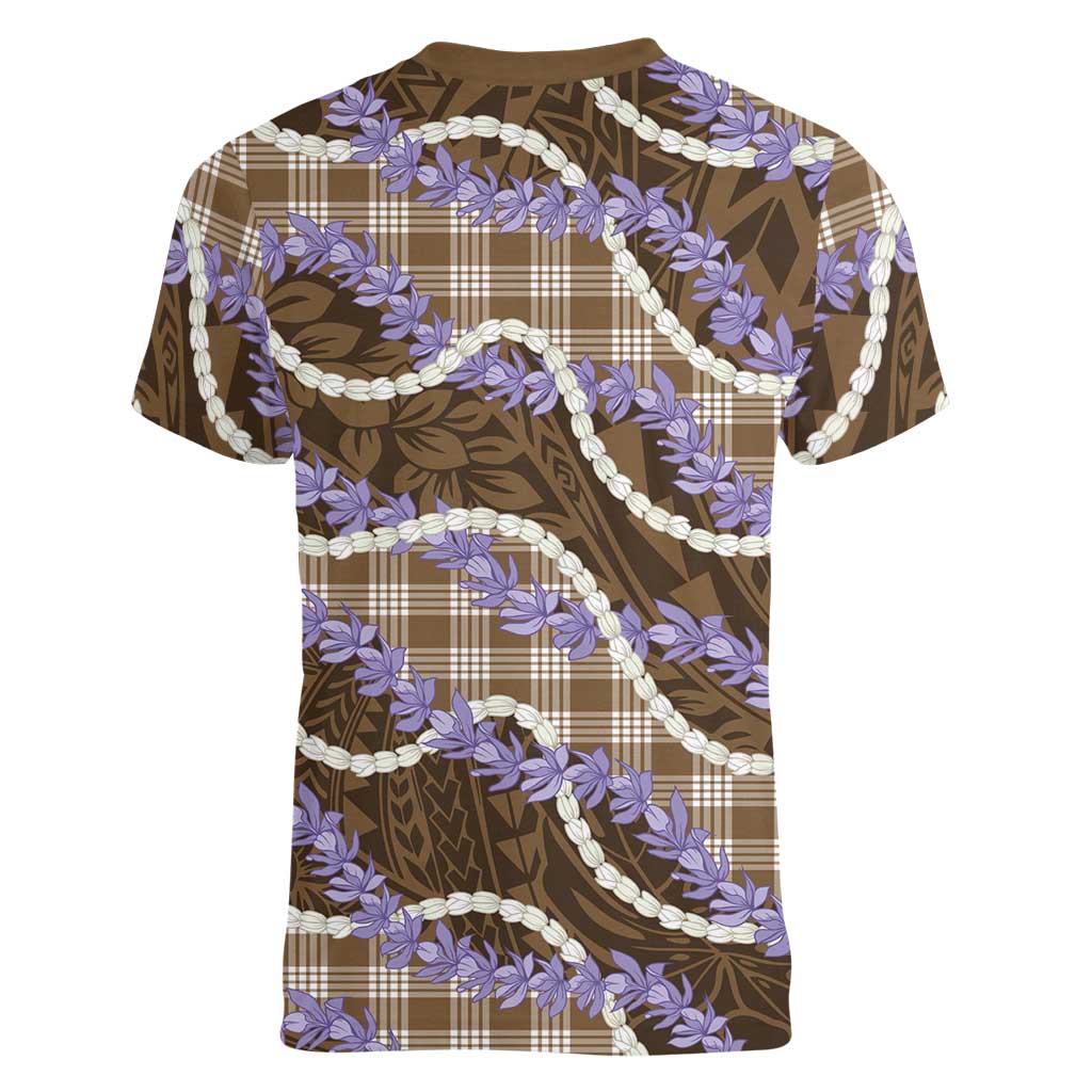 Brown Hawaii Palaka Honohono Pikake Women V-Neck T-Shirt Hawaiian Orchid Lei Polynesian Pattern - Polynesian Pride