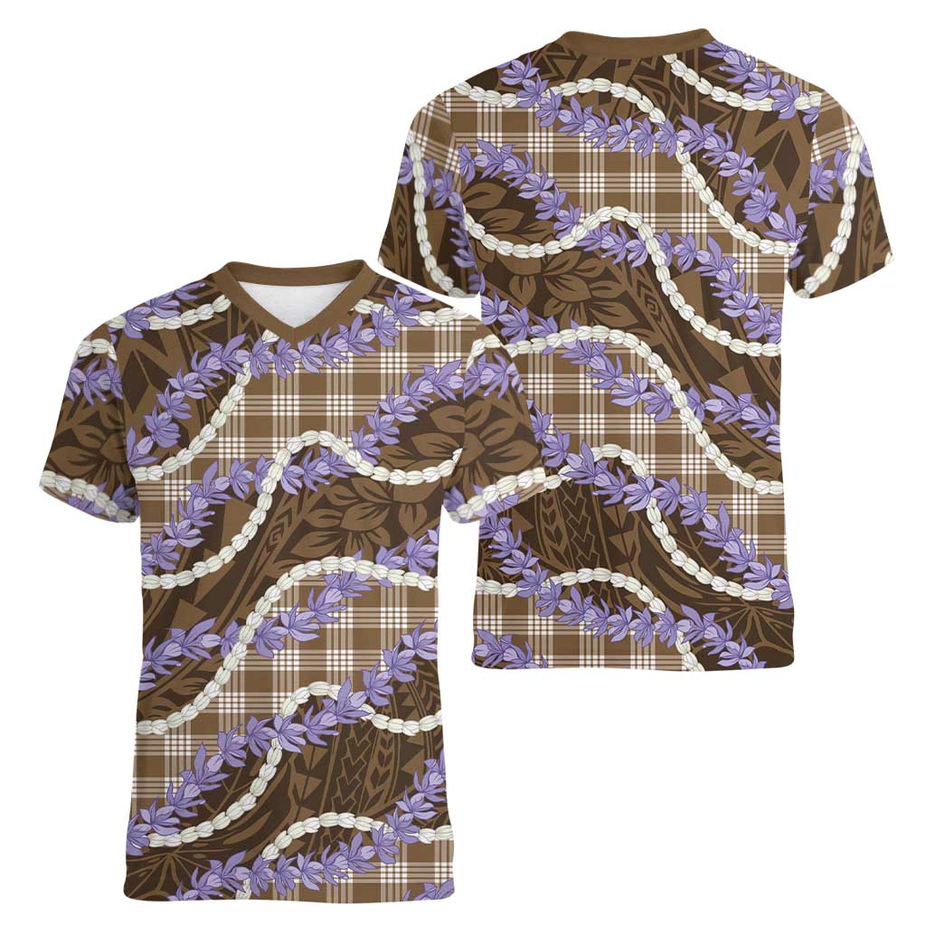 Brown Hawaii Palaka Honohono Pikake Women V-Neck T-Shirt Hawaiian Orchid Lei Polynesian Pattern - Polynesian Pride