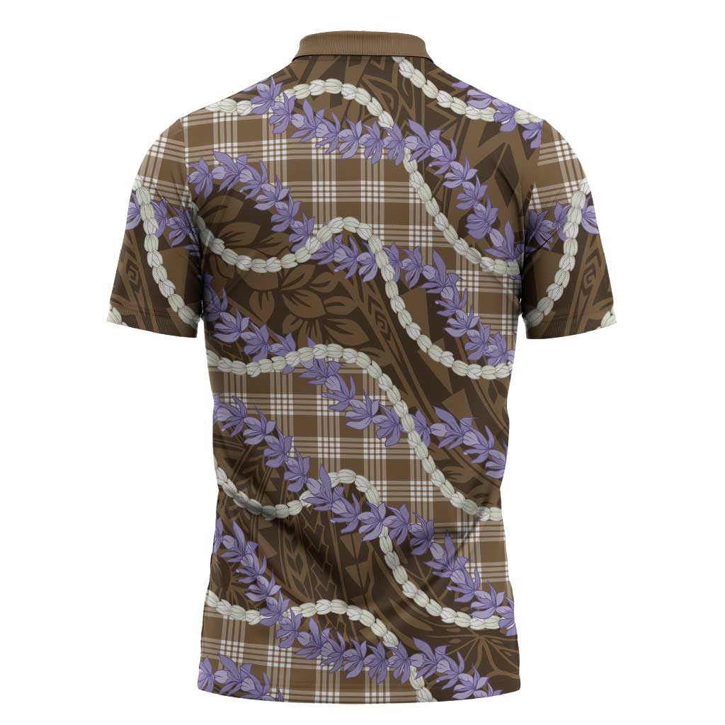 Brown Hawaii Palaka Honohono Pikake Zipper Polo Shirt Hawaiian Orchid Lei Polynesian Pattern - Polynesian Pride