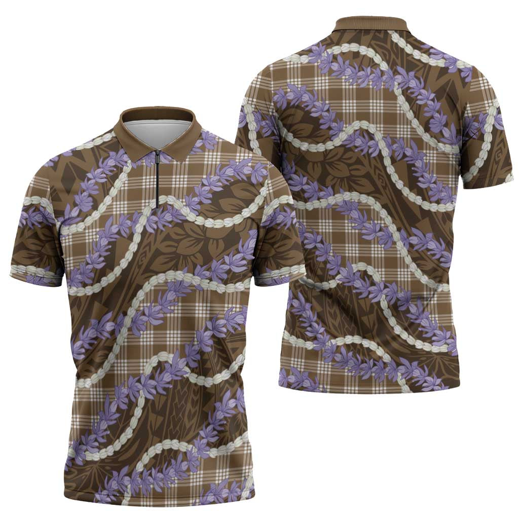 Brown Hawaii Palaka Honohono Pikake Zipper Polo Shirt Hawaiian Orchid Lei Polynesian Pattern - Polynesian Pride